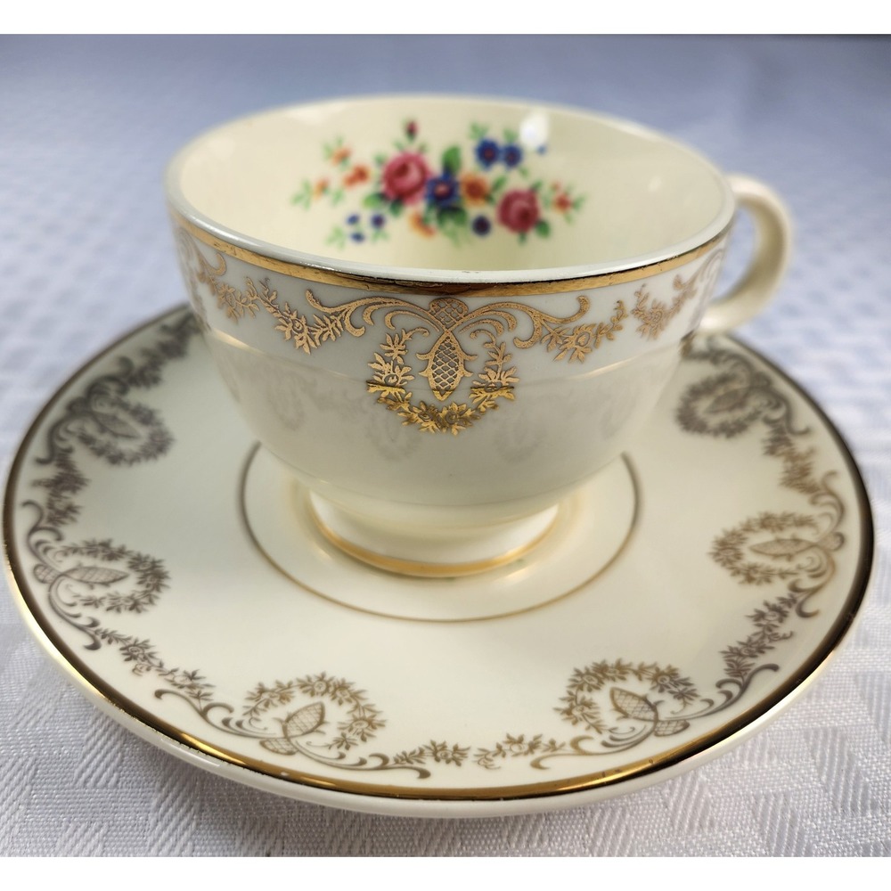 1939 Taylor Smith Taylor Teacup & Saucer Set 22K Gold Filigree Floral Bouquet!